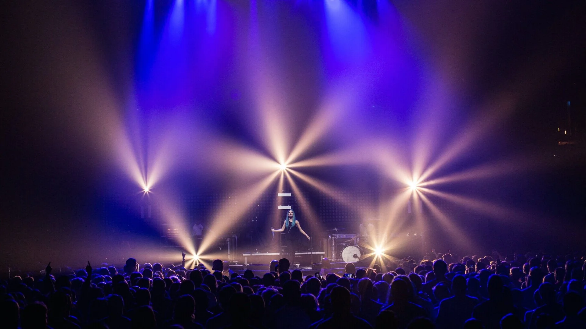 Live concert performance with dramatic stage lighting and performing artist